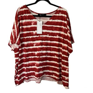 Yana K Women’s Short Sleeve V-Neck Red and Ivory Striped Apple Top One Size NWT